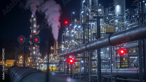 Oil refinery at night, pulsing red emergency sirens, glowing steam rising through complex pipelines, blurred industrial background, ultra-realistic cinematic details.