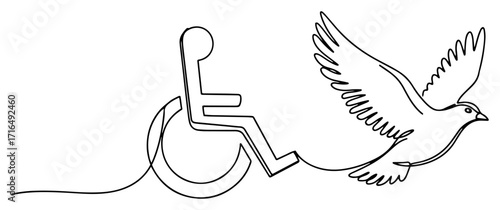 Wheelchair with Flying Dove Freedom Concept One Line Illustration