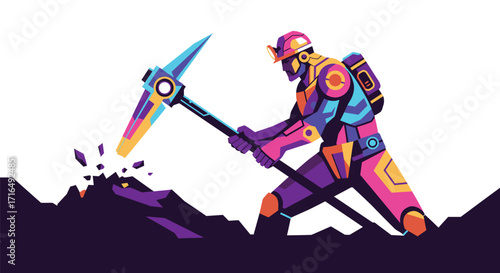 Vibrant robotic surface miner excavating terrain with a pickaxe in flat style