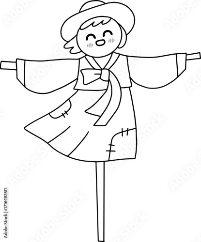 Autumn farming scarecrow design line illustration