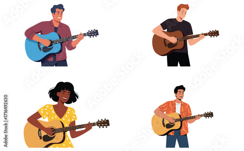 Diverse group of people playing acoustic guitars in a vector illustration