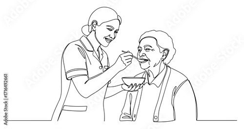 One Line Nurse Feeding Elderly Woman Vector Illustration