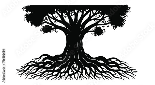 Silhouette of a large, ancient tree with sprawling roots, symbolizing strength and growth.