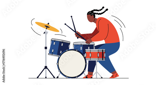 Dynamic drummer energetically plays a modern drum kit in vibrant flat style