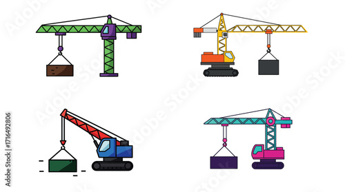 Construction site scene with a flat vector illustration of vibrant cranes