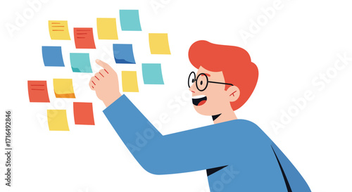 Creative planning session with sticky notes and a focus-driven individual