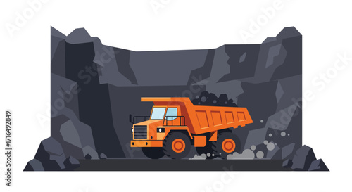 Stylized flat vector illustration of a mining truck in a quarry