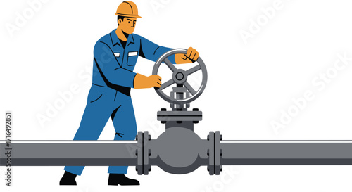 Stylized illustration of a worker turning valve on an oil pipeline system