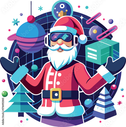 Santa wearing a VR headset, exploring a virtual Christmas world