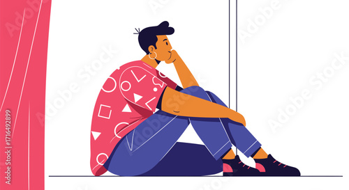 Contemplative male figure sitting on windowsill in vibrant vector art