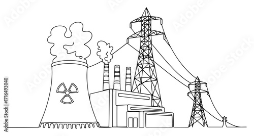 Nuclear Power Plant with Cooling Tower One Line Illustration