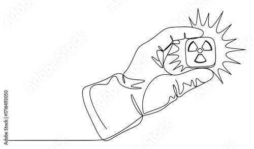 Hand Holding Glowing Radioactive Symbol One Line Illustration