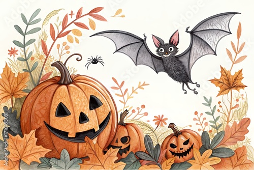 Whimsical halloween scene with jack o lanterns and flying bat
