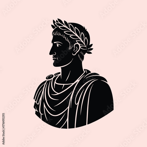 Silhouette of a classical ancient Roman man wearing a laurel wreath and traditional toga garment in profile view