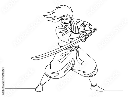 Samurai Warrior With Katana in Battle Stance black shape vector laser cutting engraving monochrome print