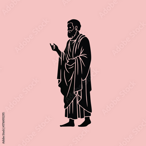 Silhouette of an ancient philosopher or scholar wearing traditional robes standing and gesturing with one hand