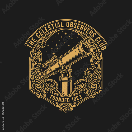 Vintage emblem of a celestial observers club with a telescope.