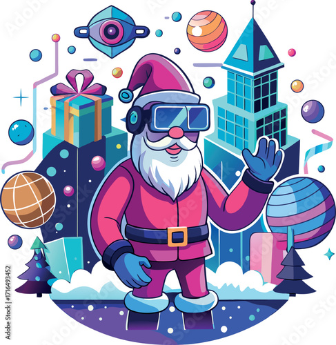 Santa wearing a VR headset, exploring a virtual Christmas world