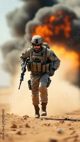 Soldier running through desert