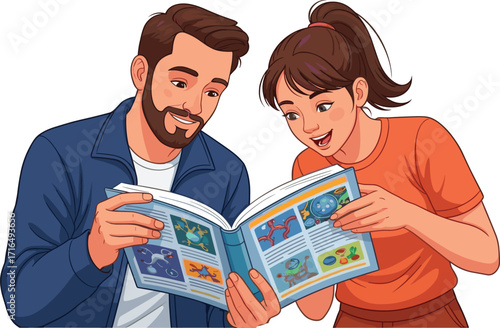Man and woman reading science book together, learning chemistry and astronomy, educational teamwork, studying molecular structure, collaborative knowledge sharing,