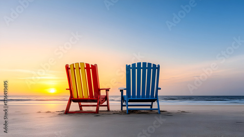 Fototapeta Naklejka Na Ścianę i Meble -  Pair of beach loungers on the deserted beach at sunset