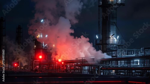 Tense refinery moment, flashing red sirens, thick steam reflecting emergency glow, steel pipelines stretching into darkness, cinematic realism, shallow depth of field.