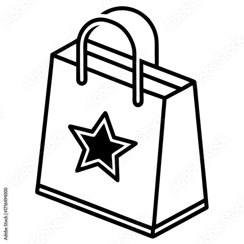 Shopping Bag Icon with Star Emblem in Line Art Style