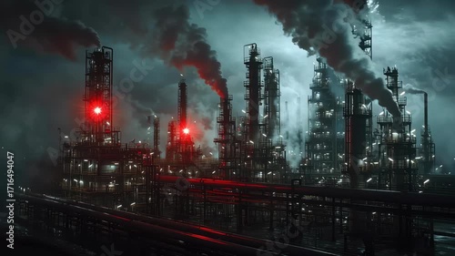 Tense refinery moment, flashing red sirens, thick steam reflecting emergency glow, steel pipelines stretching into darkness, cinematic realism, shallow depth of field.