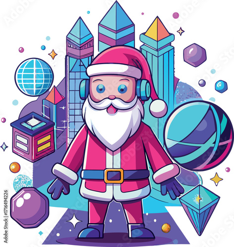 Santa wearing a VR headset, exploring a virtual Christmas world