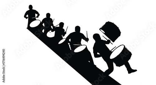 Silhouetted drummers marching in unison creating rhythmic beats