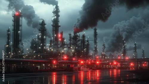 Twilight refinery meltdown, sirens wailing in pulses, steam curling around massive pipelines, red lights reflecting off damp metal, cinematic realism, atmospheric depth.