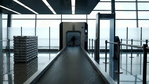 A passenger walks through airport security screening, a long-shot perspective showing a modern airport terminal with a sleek, minimalist design and cool, neutral tones. The image