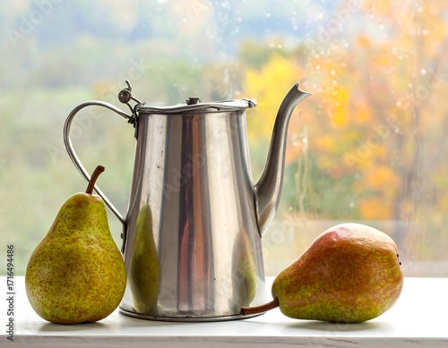 Still life of pears and a metal teapot by a window