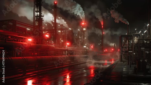 Twilight refinery meltdown, sirens wailing in pulses, steam curling around massive pipelines, red lights reflecting off damp metal, cinematic realism, atmospheric depth.