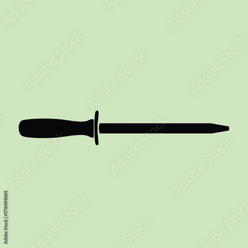 Black silhouette of a sharpening steel with a handle on a light green background isolated vector illustration