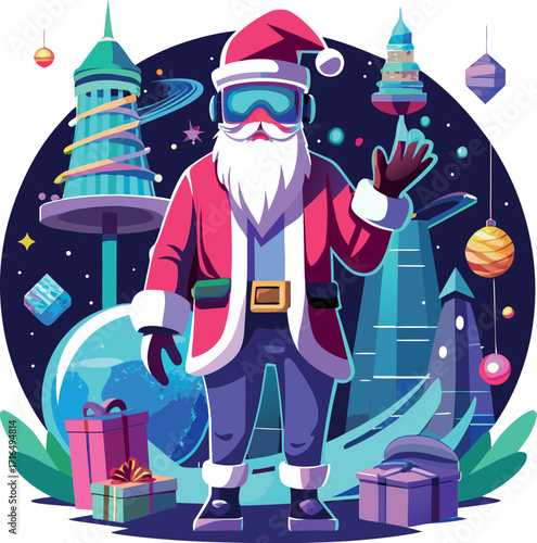 Santa wearing a VR headset, exploring a virtual Christmas world