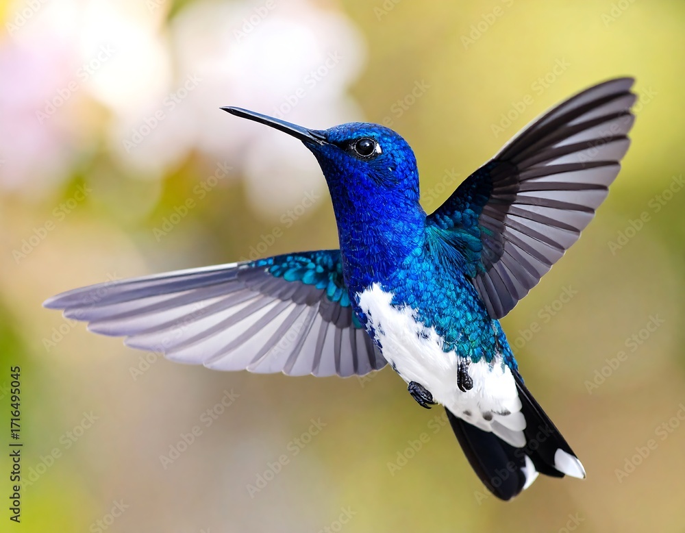 Fototapeta premium Vibrant hummingbird in flight against a soft bokeh background