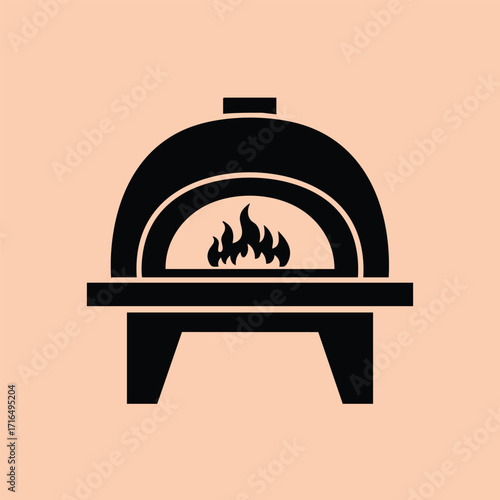 Black silhouette of a traditional wood-fired oven with visible flames inside on a light background