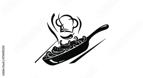 Chef cooking delicious sausages in a hot pan with steam rising, symbolizing culinary skill and appetizing food.