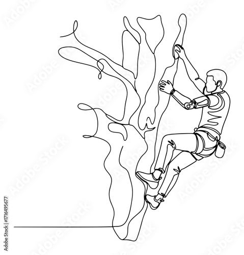 Rock Climber Scaling Cliff in One Line Style