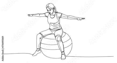 One Line Woman Exercising on Stability Ball Vector Illustration