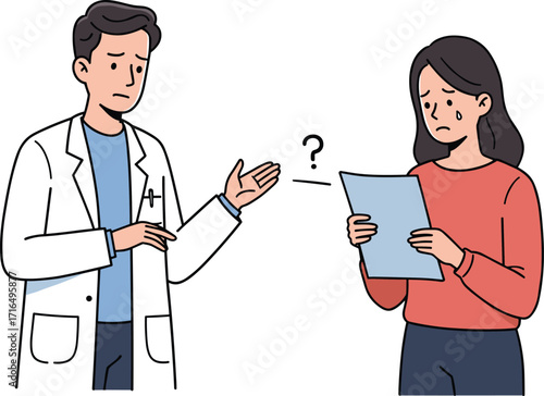 Emotional patient receiving difficult medical news from doctor, healthcare consultation, sadness, confusion, diagnosis discussion, mental health support, hospital communication,