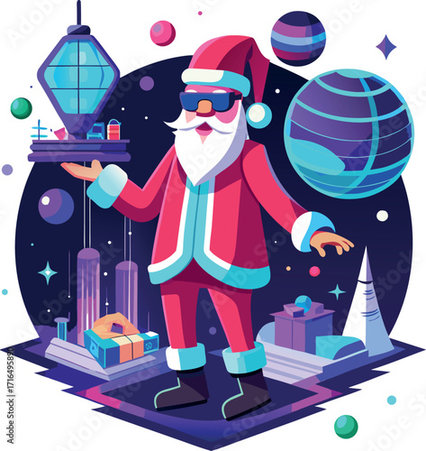 Santa wearing a VR headset, exploring a virtual Christmas world