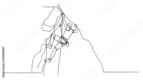 Rock Climber Ascending a Steep Mountain Cliff with a Rope