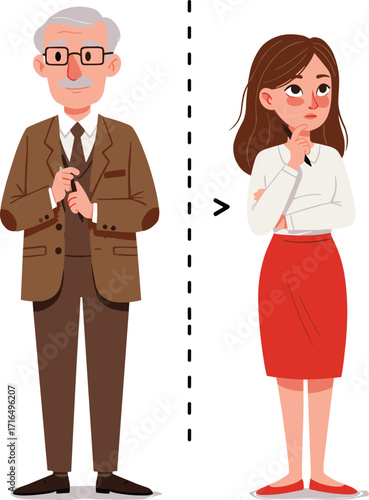 Older man in suit greater than young thoughtful woman, gender age comparison, workplace inequality, stereotype concept, business generation gap illustration