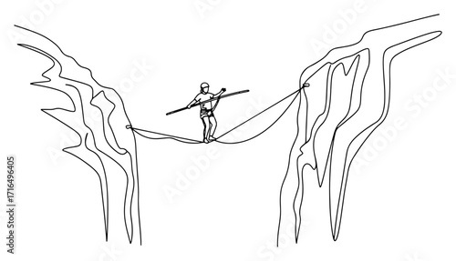 A Highliner Walking on a Slackline Between Two Cliffs
