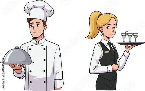 Professional chef and waitress in restaurant uniform holding serving tray and drinks, hospitality staff teamwork, food service industry concept illustration