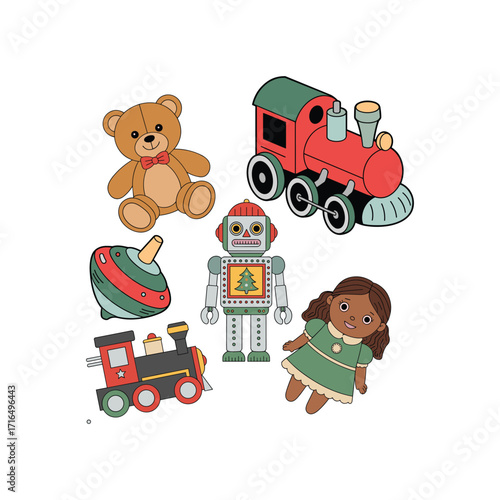 Collection of vintage toys including a teddy bear, trains, robot, and doll Keywords: toy, vintage