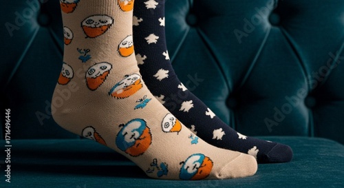 Close-up photograph of a pair of mismatched socks with different patterns, on a dark blue velvet wooden background.

