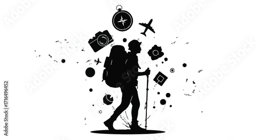 Adventurous hiker with backpack and trekking pole surrounded by travel icons